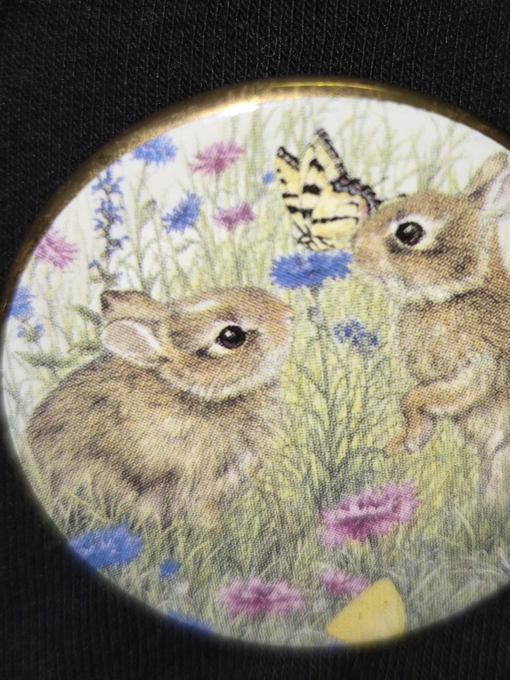 Floral Bunny Small Pet Art Button - Brown Rabbits